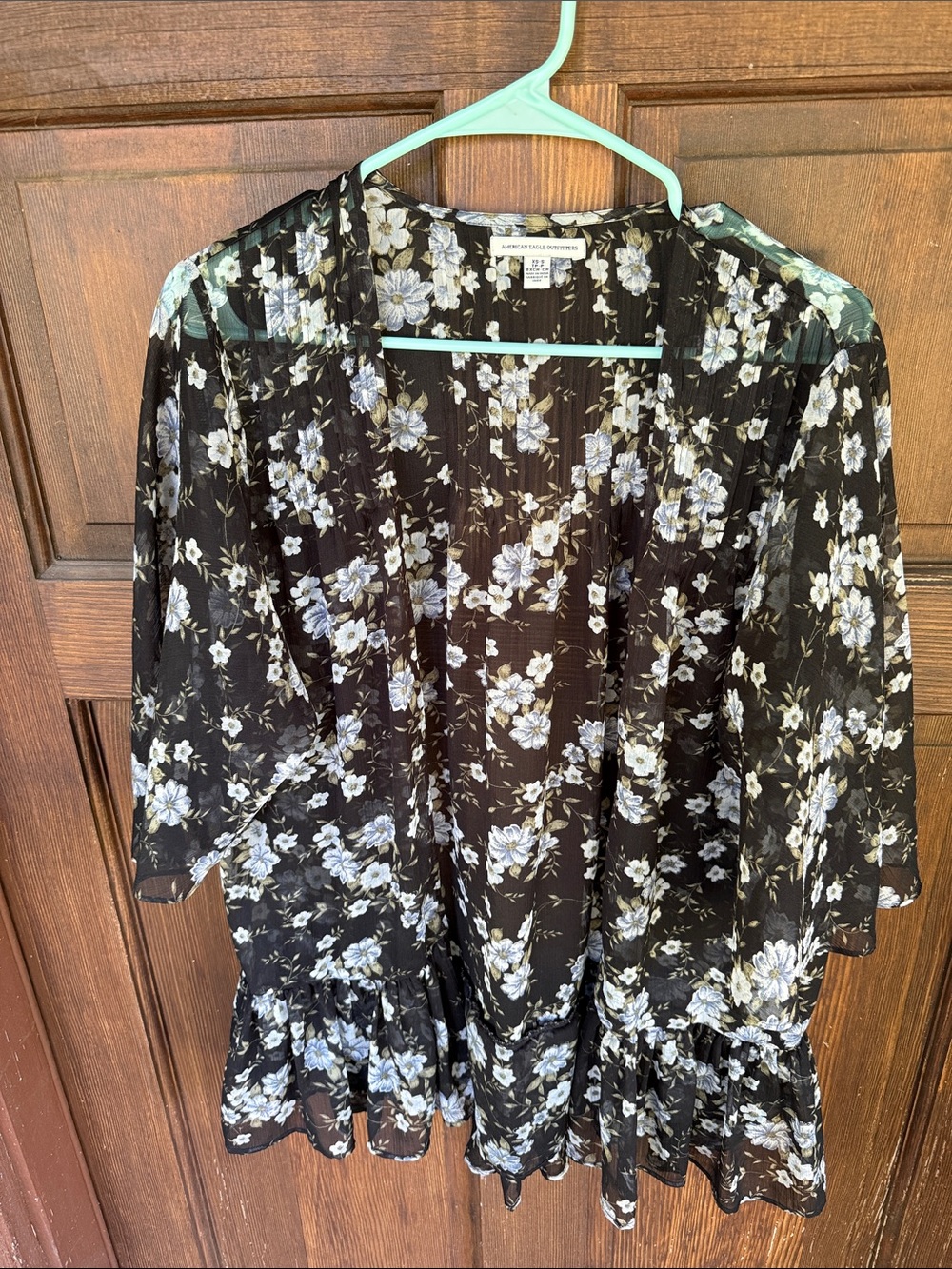 American Eagle Black Floral Sheer Kimono Tunic